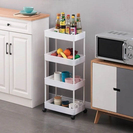 Kitchen Storage Trolley, Plastic Serving Rolling Cart Basket Tray with Wheels