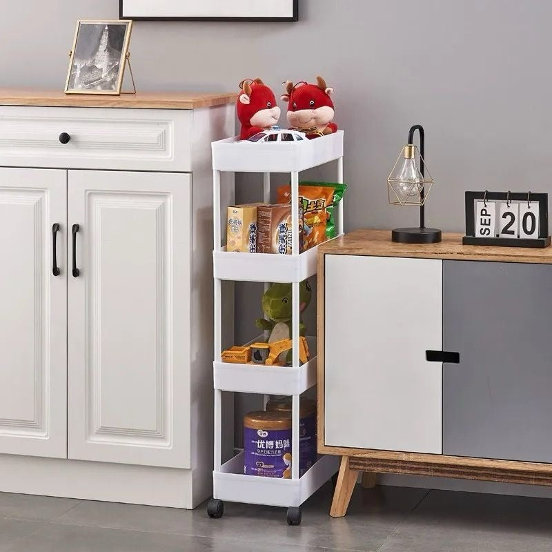 Kitchen Storage Trolley, Plastic Serving Rolling Cart Basket Tray with Wheels