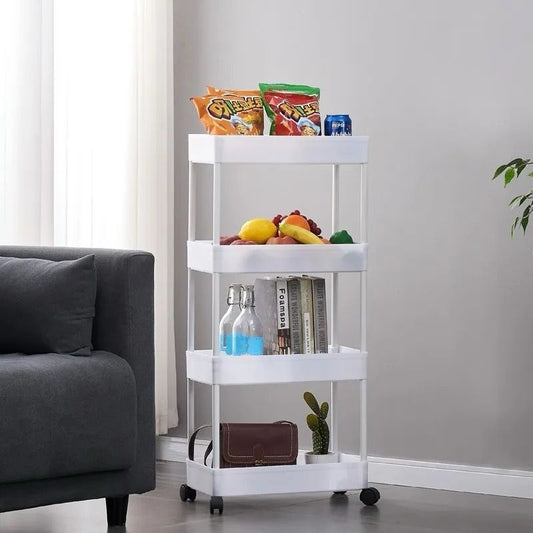 Kitchen Storage Trolley, Plastic Serving Rolling Cart Basket Tray with Wheels